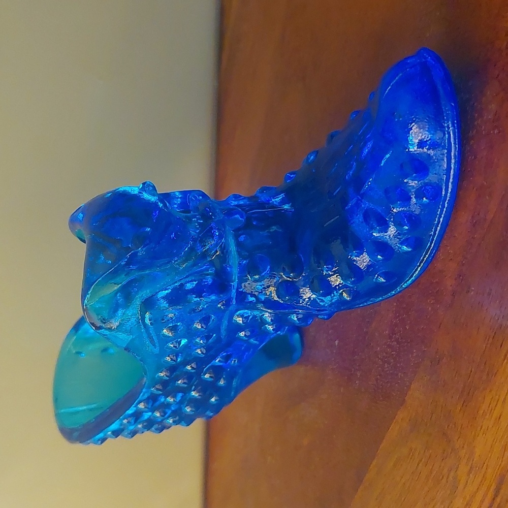 Vintage Fenton Art Glass Cat Head Slipper Shoe Cobalt Blue Hobnail Pattern